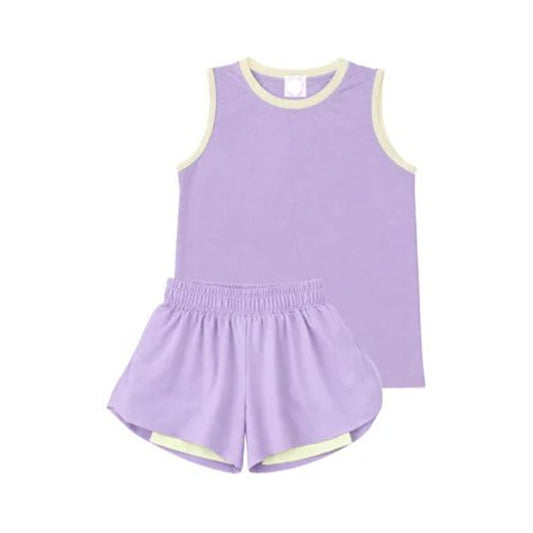 MOQ 5 PCS Preorder GSSO3528 Purple Sleeveless with Double Layer Shorts Girls Yoga Sets 202603