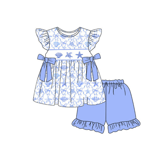 MOQ 5 PCS Preorder GSSO3531 Seashells Turtles Starfish Blue Bows Flying Sleeve Ruffle Shorts Girls Sets 202603