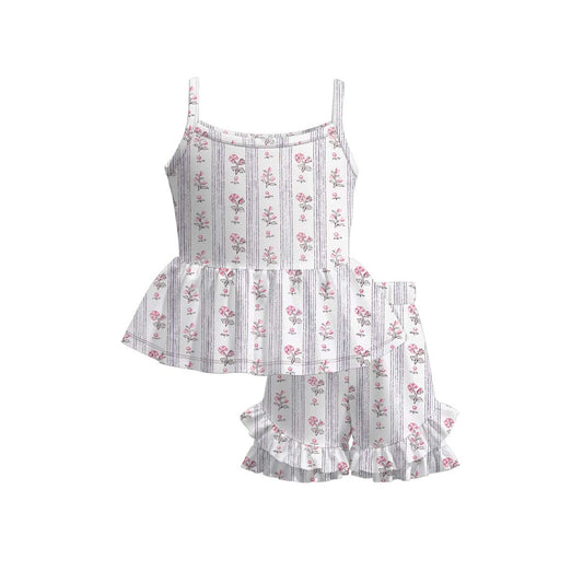 MOQ 5 PCS Preorder GSSO3532 Flower Stripe Sleeveless Ruffle Shorts Girls Sets 202603