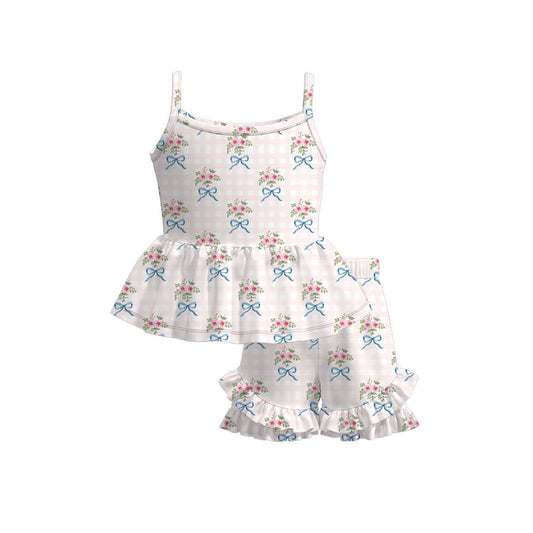 MOQ 5 PCS Preorder GSSO3533 Flower Bows Pink Plaid Sleeveless Ruffle Shorts Girls Sets 202603