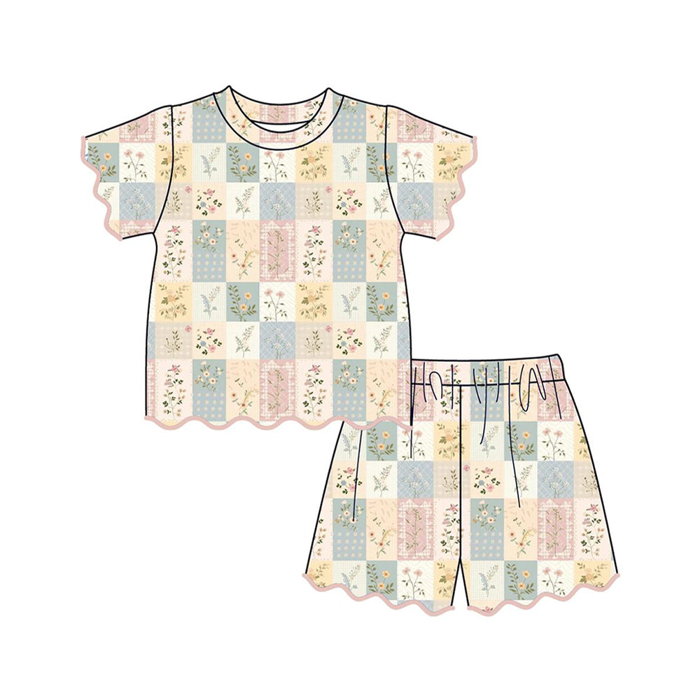 MOQ 30 PCS Preorder GSSO3536 Flower Plaid Wave Ruffle Short Sleeve Shorts Girls Sets 202603