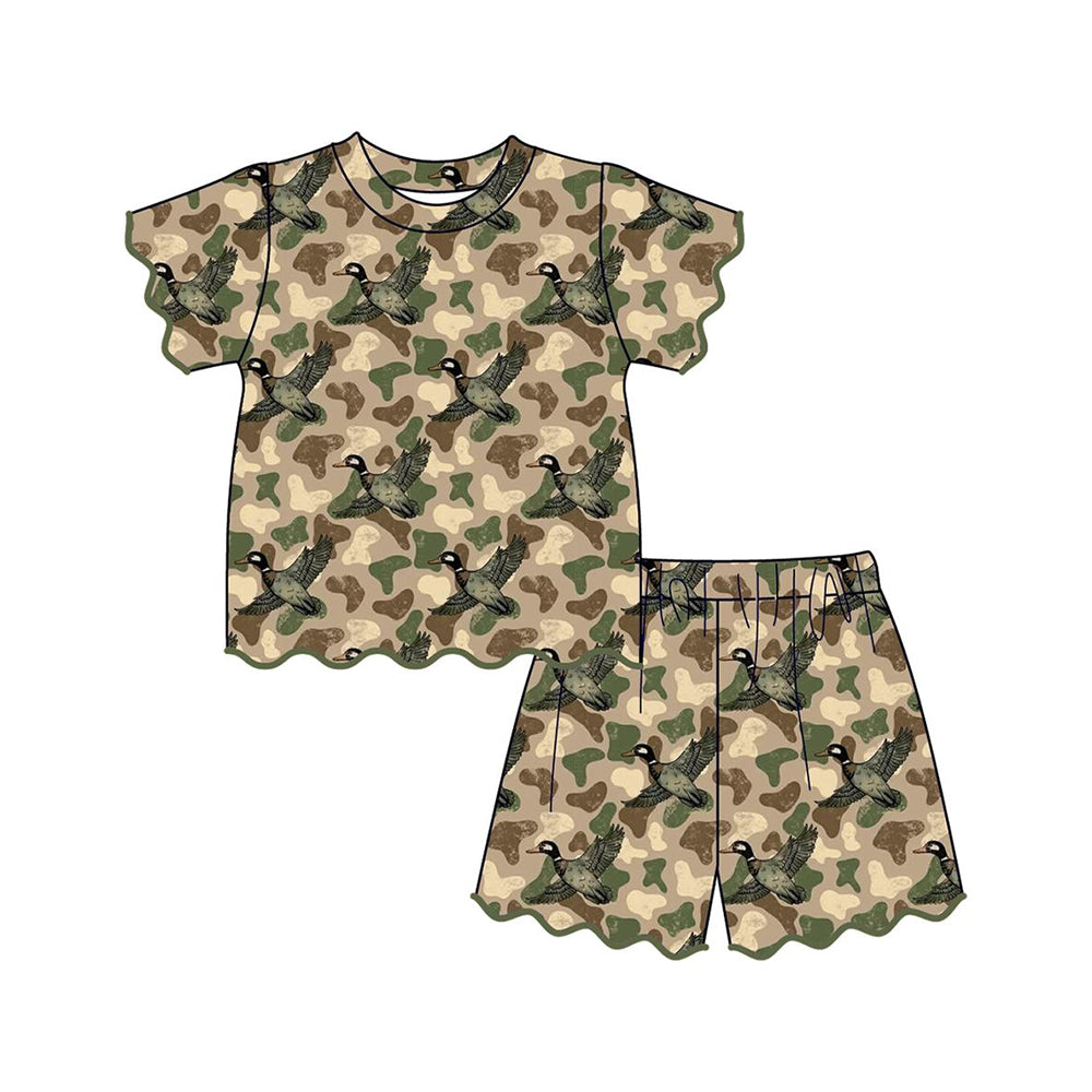 MOQ 30 PCS Preorder GSSO3537 Duck Hunting Camouflage Wave Ruffle Short Sleeve Shorts Girls Sets 202603