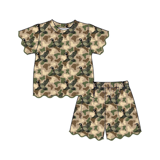 MOQ 30 PCS Preorder GSSO3537 Duck Hunting Camouflage Wave Ruffle Short Sleeve Shorts Girls Sets 202603