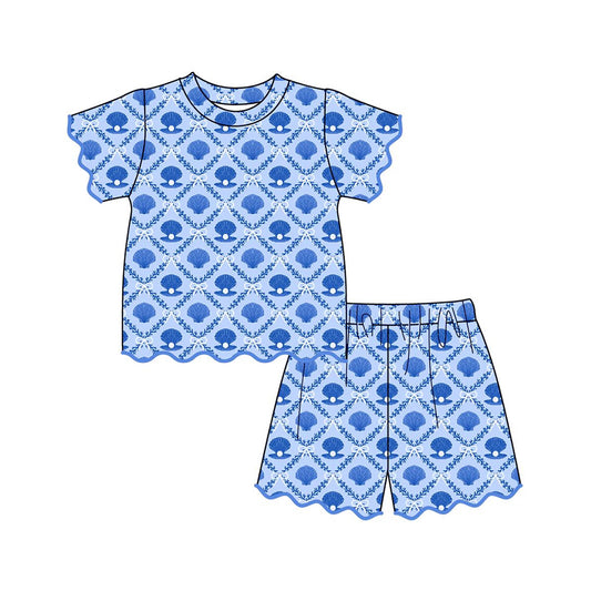MOQ 30 PCS Preorder GSSO3538 Pearl Shell Bows Blue Wave Ruffle Short Sleeve Shorts Girls Sets 202603