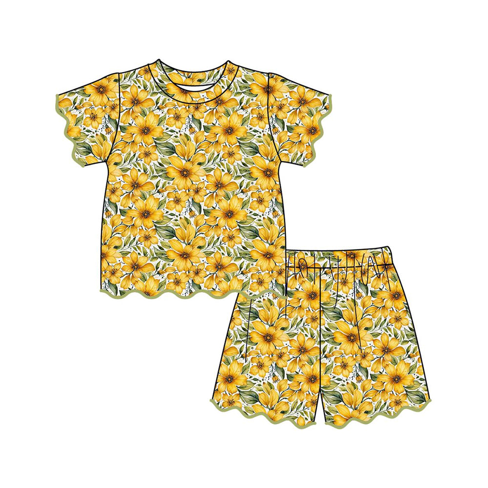 MOQ 30 PCS Preorder GSSO3539 Yellow Flower Leaf Wave Ruffle Short Sleeve Shorts Girls Sets 202603