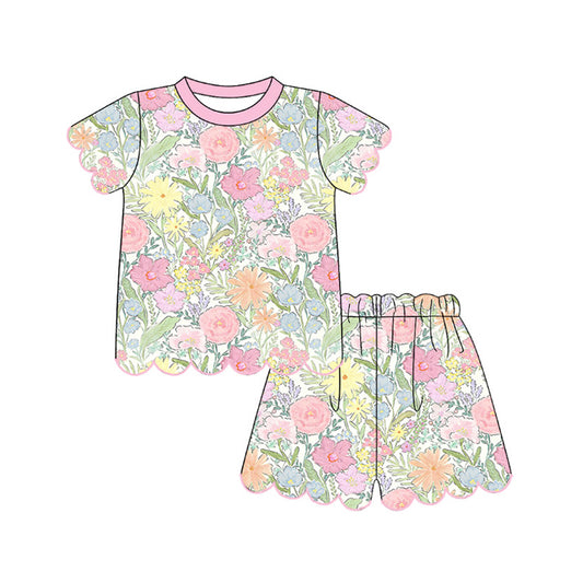 MOQ 30 PCS Preorder GSSO3543 Pink Flower Green Leaf Wave Ruffle Short Sleeve Shorts Girls Sets 202603