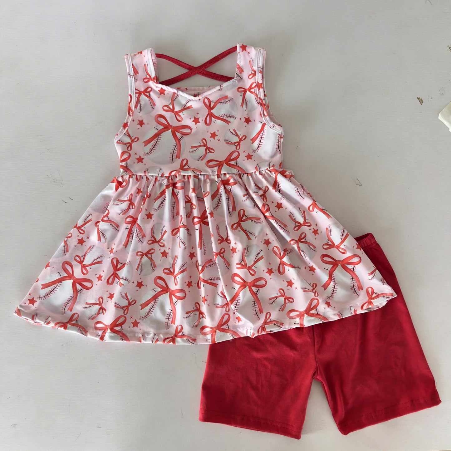 MOQ 5 PCS Preorder GSSO3544 Baseball Star Bows Red Sleeveless Shorts Girls Sets 202603