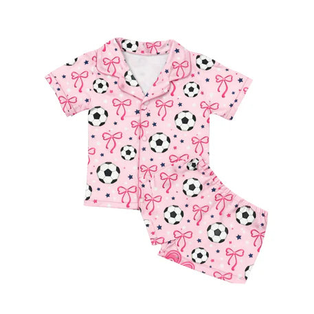 MOQ 5 PCS Preorder GSSO3545 Soccer Star Bow Pink Polo Short Sleeve Shorts Girls Pajama Sets 202603