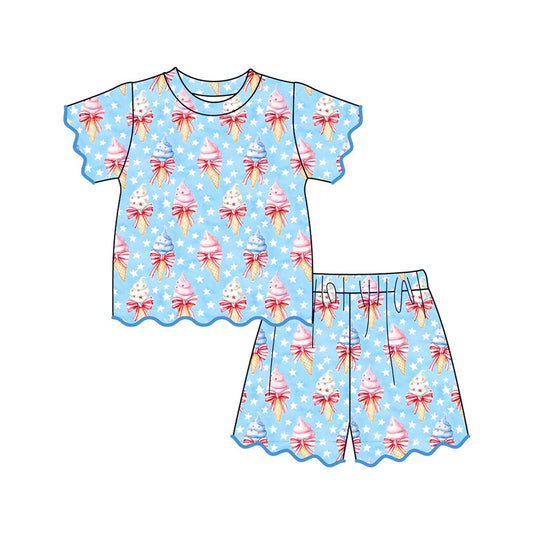 MOQ 30 PCS Preorder GSSO3547 4th of July Ice Cream Star Blue Wave Ruffle Short Sleeve Shorts Girls Sets 202603