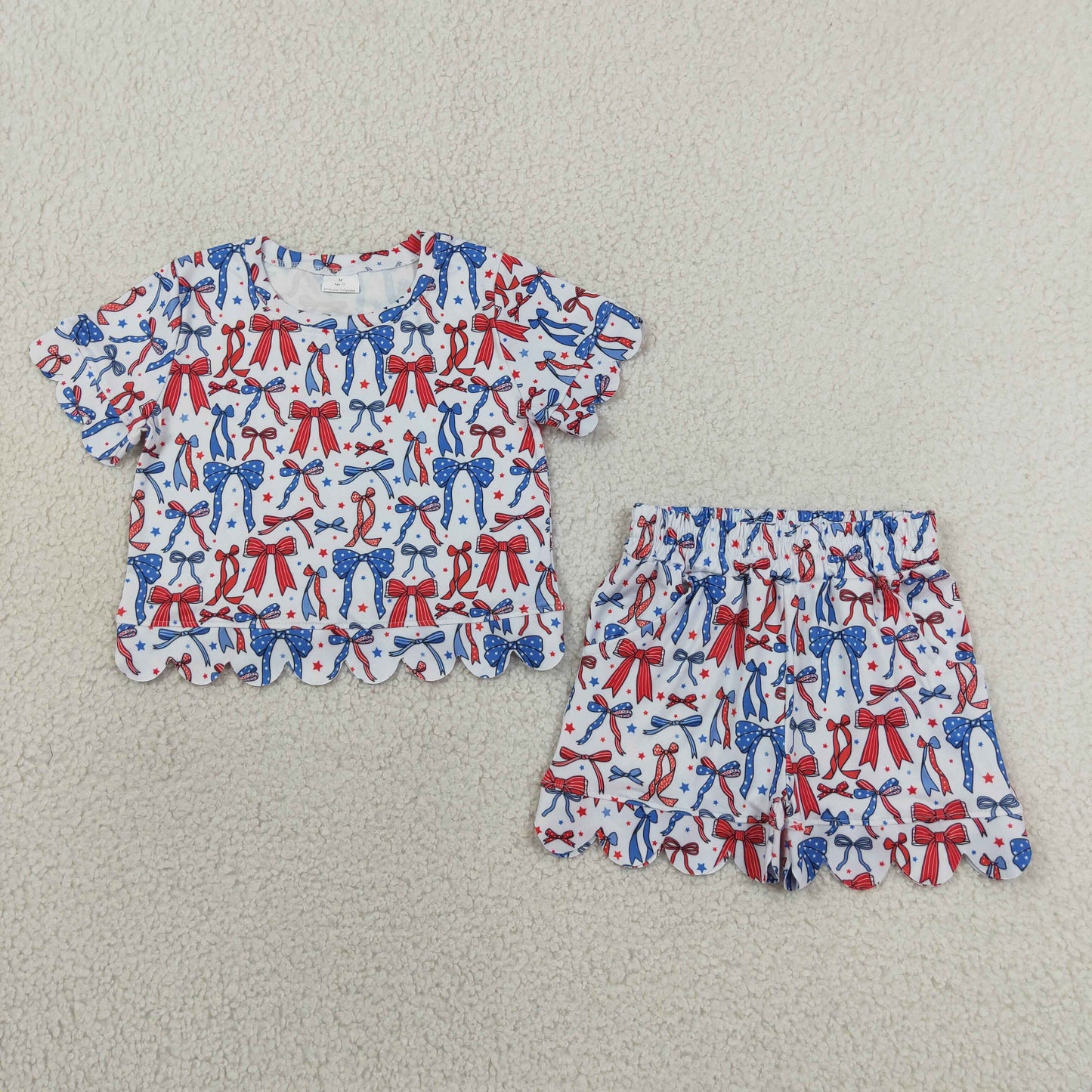 GSSO3548 4th of July Red Blue Bows Wave Ruffle Short Sleeve Shorts Girls Sets 202606 RTS