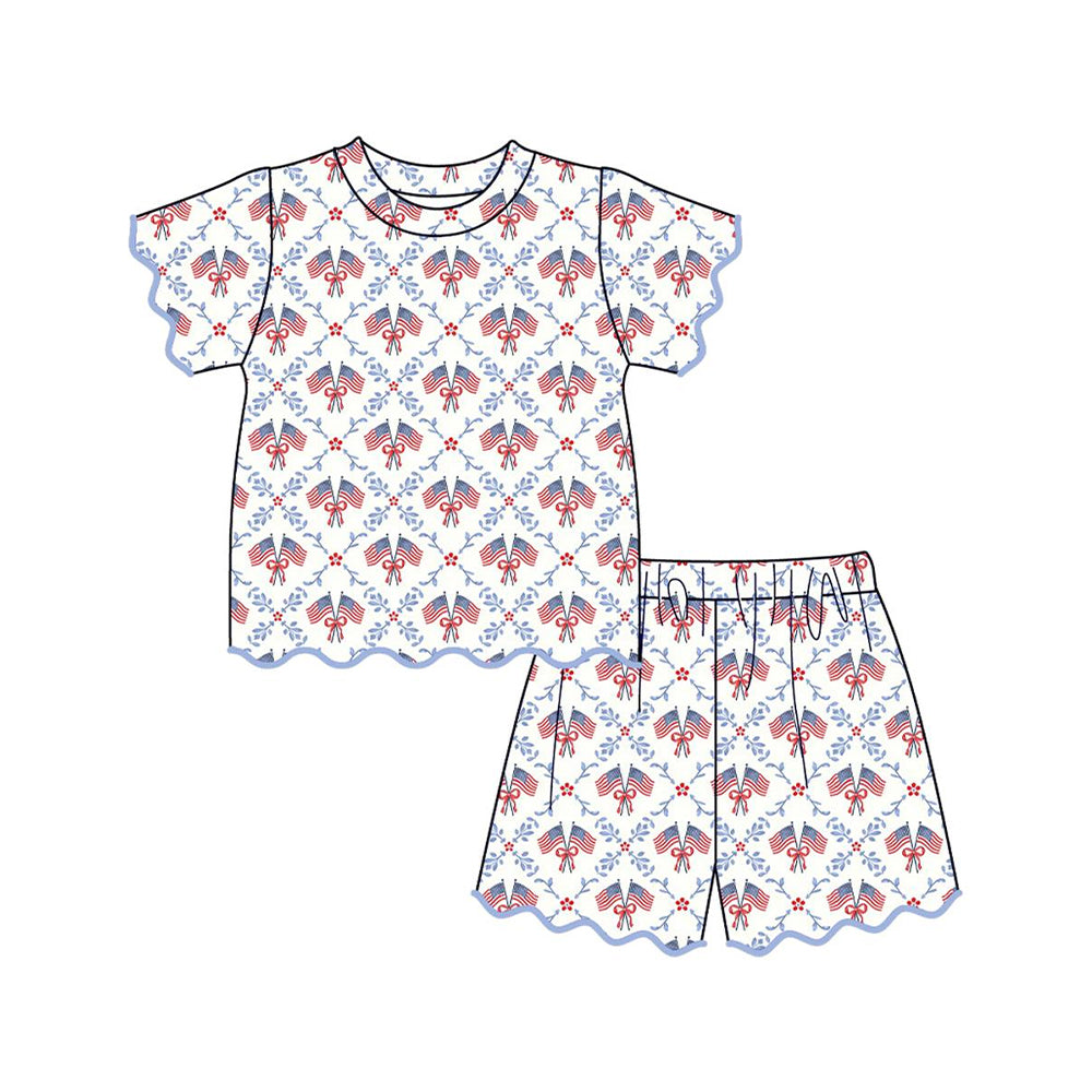 MOQ 30 PCS Preorder GSSO3549 4th of July Flag Bows Wave Ruffle Short Sleeve Shorts Girls Sets 202603