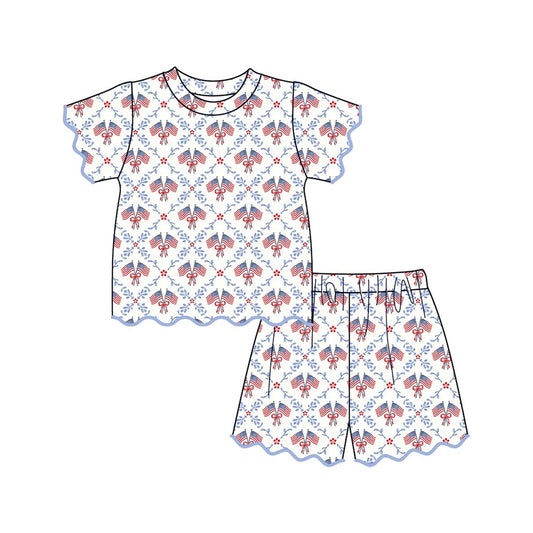 MOQ 30 PCS Preorder GSSO3549 4th of July Flag Bows Wave Ruffle Short Sleeve Shorts Girls Sets 202603