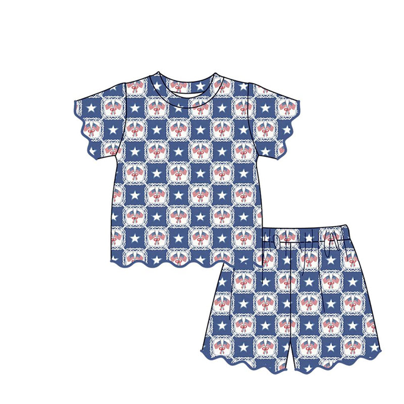 MOQ 30 PCS Preorder GSSO3550 4th of July Flag Bows Star Plaid Wave Ruffle Short Sleeve Shorts Girls Sets 202603