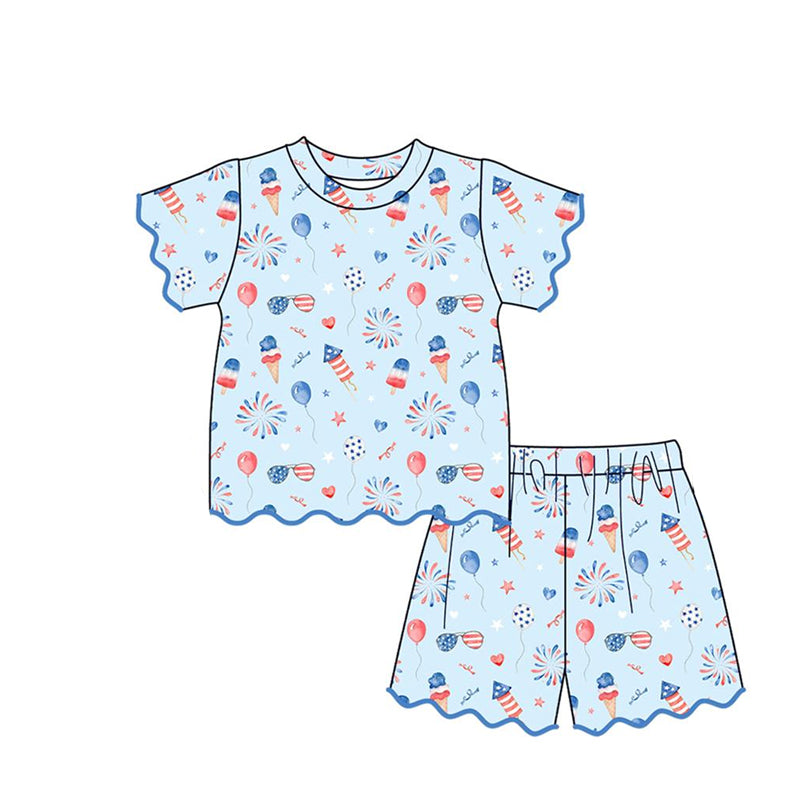 MOQ 30 PCS Preorder GSSO3551 4th of July Fireworks Balloon Light Blue Wave Ruffle Short Sleeve Shorts Girls Sets 202603