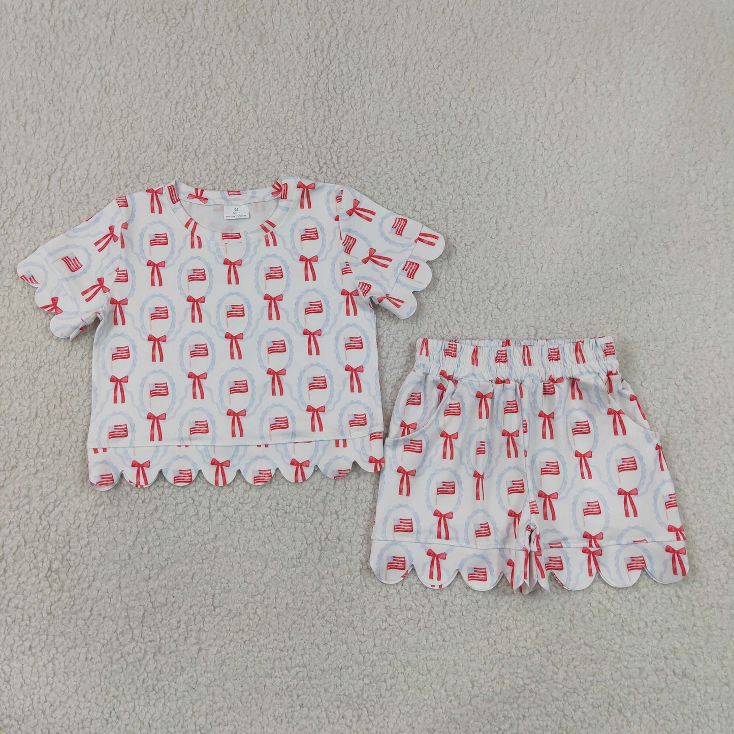 GSSO3552 4th of July Flag Bows Wave Ruffle Short Sleeve Shorts Girls Sets 202606 RTS