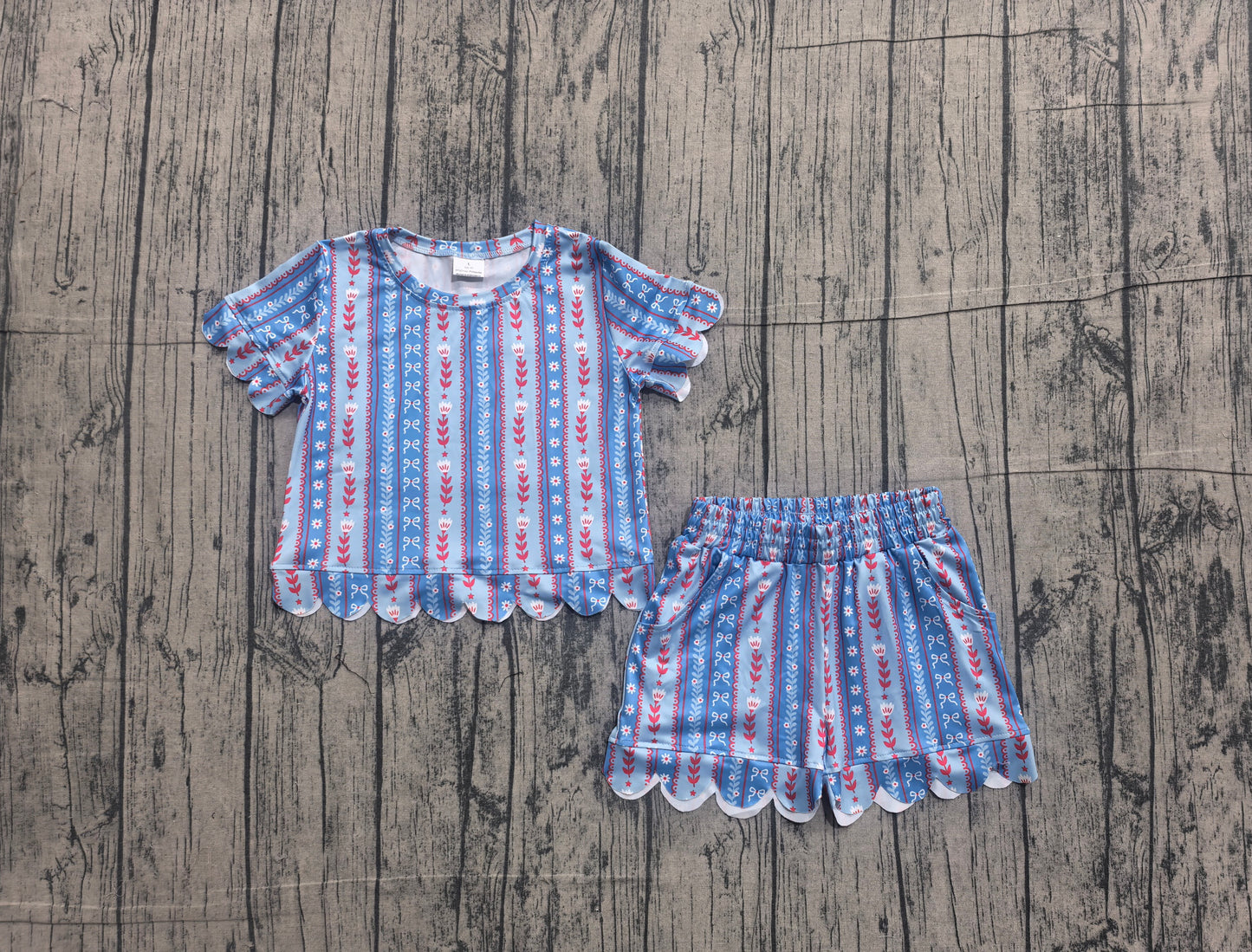 NO MOQ Preorder GSSO3554 4th of July Flower Bows Stripe Wave Ruffle Short Sleeve Shorts Girls Sets 202605