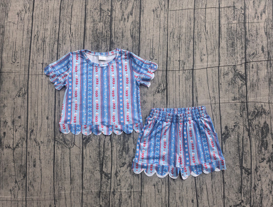 NO MOQ Preorder GSSO3554 4th of July Flower Bows Stripe Wave Ruffle Short Sleeve Shorts Girls Sets 202605