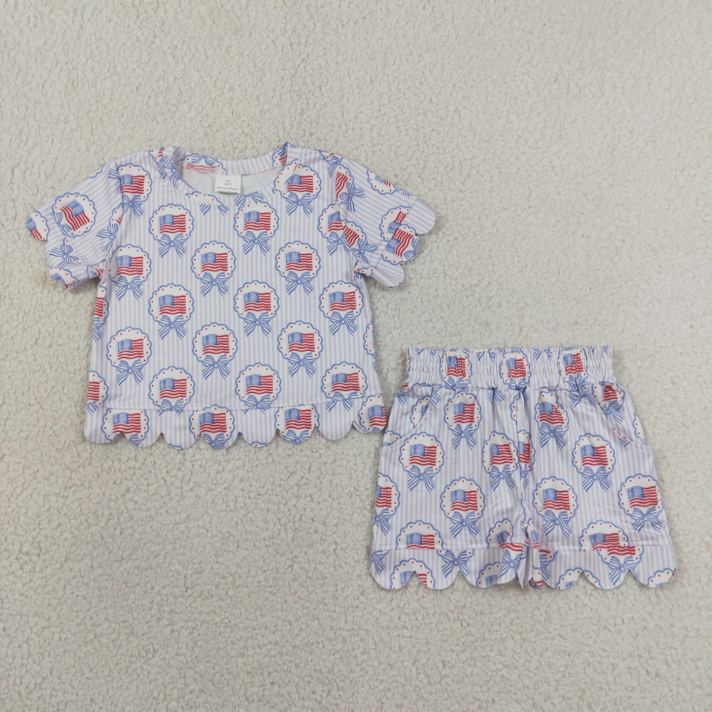 GSSO3555 4th of July Flag Bows Stripe Wave Ruffle Short Sleeve Shorts Girls Sets 202606 RTS