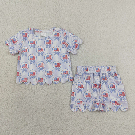 GSSO3555 4th of July Flag Bows Stripe Wave Ruffle Short Sleeve Shorts Girls Sets 202606 RTS