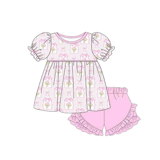 MOQ 5 PCS Preorder GSSO3557 Flower Bows Stripe Short Sleeve Ruffle Shorts Girls Sets 202603