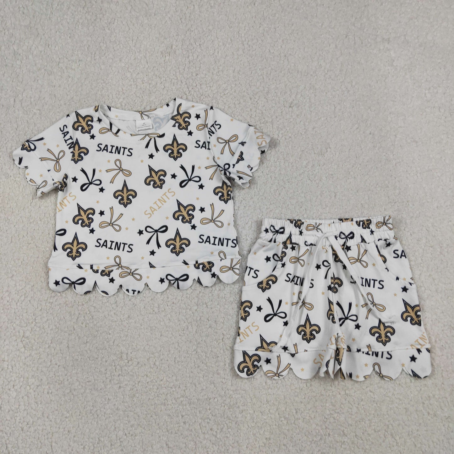 GSSO3561 GO TEAM Saints Star Bow White Wave Ruffle Short Sleeve Shorts Girls Sets 202605 RTS