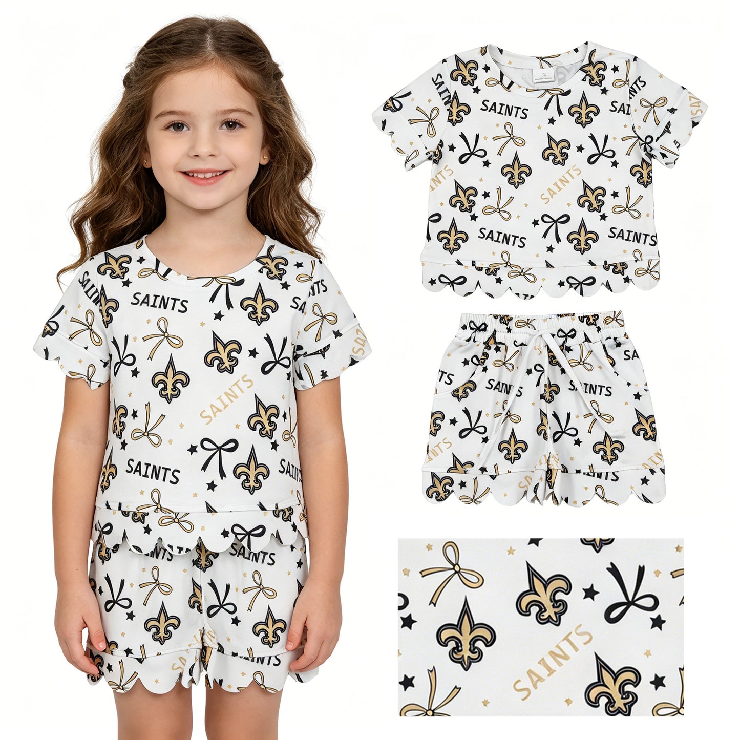 GSSO3561 GO TEAM Saints Star Bow White Wave Ruffle Short Sleeve Shorts Girls Sets 202605 RTS