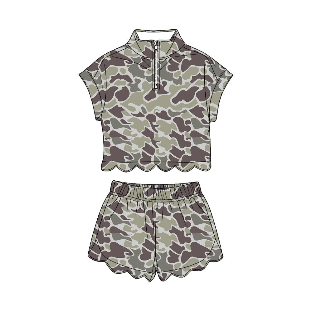MOQ 30 PCS Preorder GSSO3562 Gray Green Brown Camouflage Zip Wave Ruffle Short Sleeve Shorts Girls Sets 202603