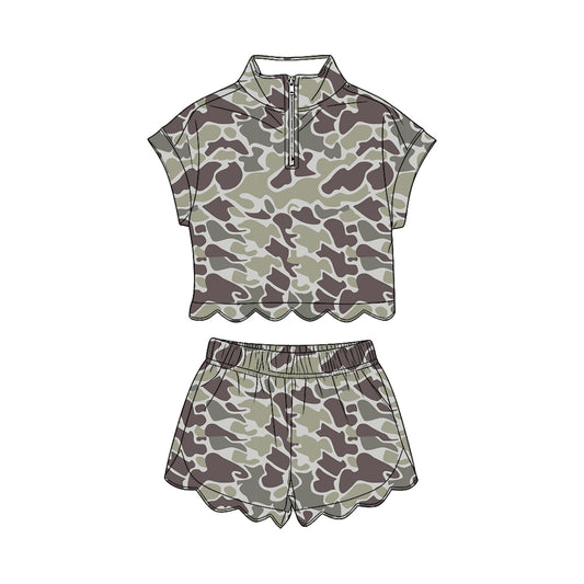 MOQ 30 PCS Preorder GSSO3562 Gray Green Brown Camouflage Zip Wave Ruffle Short Sleeve Shorts Girls Sets 202603