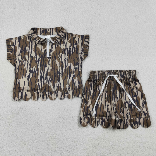 GSSO3563 Army Green Leaf Camouflage Zip Wave Ruffle Short Sleeve Shorts Girls Sets 202605 RTS