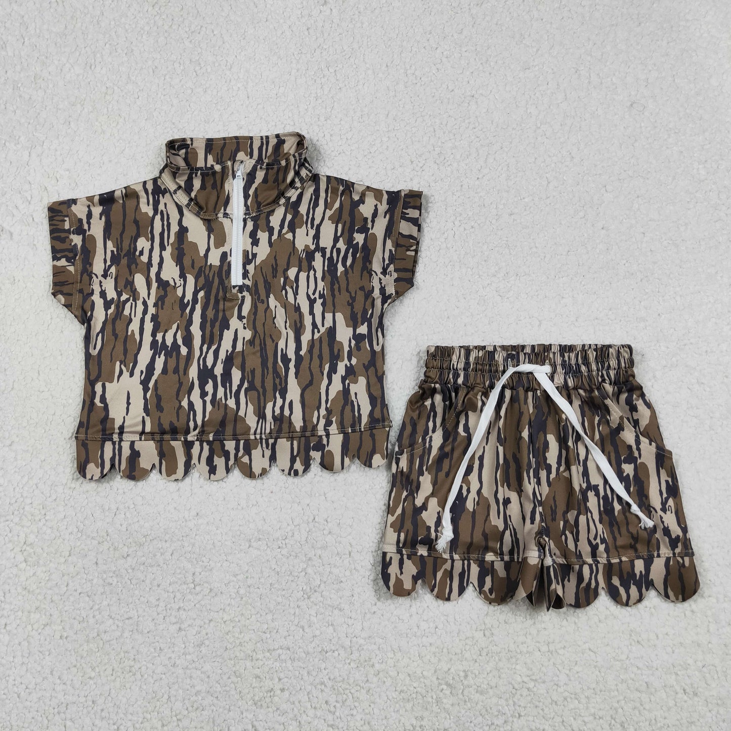 GSSO3563 Army Green Leaf Camouflage Zip Wave Ruffle Short Sleeve Shorts Girls Sets 202605 RTS