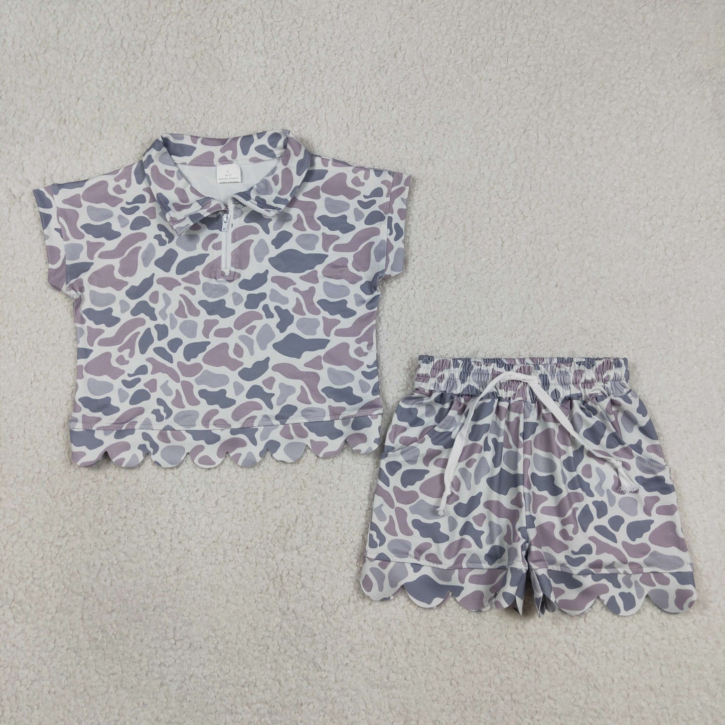 GSSO3564 Gray Blue Camouflage Zip Wave Ruffle Short Sleeve Shorts Girls Sets 202605 RTS