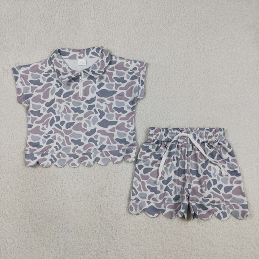 GSSO3564 Gray Blue Camouflage Zip Wave Ruffle Short Sleeve Shorts Girls Sets 202605 RTS