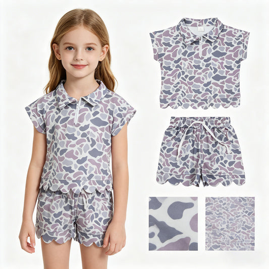 GSSO3564 Gray Blue Camouflage Zip Wave Ruffle Short Sleeve Shorts Girls Sets 202605 RTS