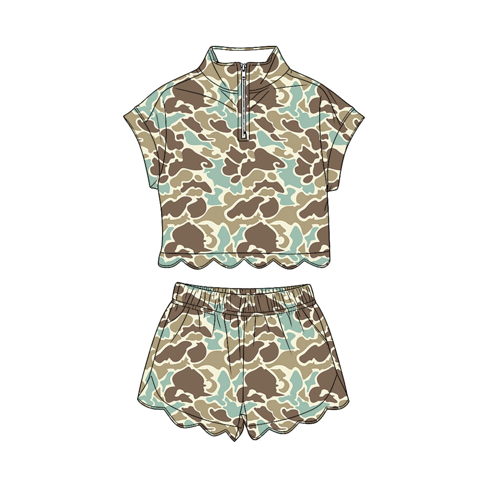 MOQ 30 PCS Preorder GSSO3565 Blue Green Brown Camouflage Zip Wave Ruffle Short Sleeve Shorts Girls Sets 202603