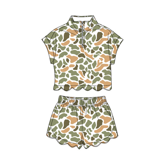 MOQ 30 PCS Preorder GSSO3568 Orange Green Camouflage Zip Wave Ruffle Short Sleeve Shorts Girls Sets 202603
