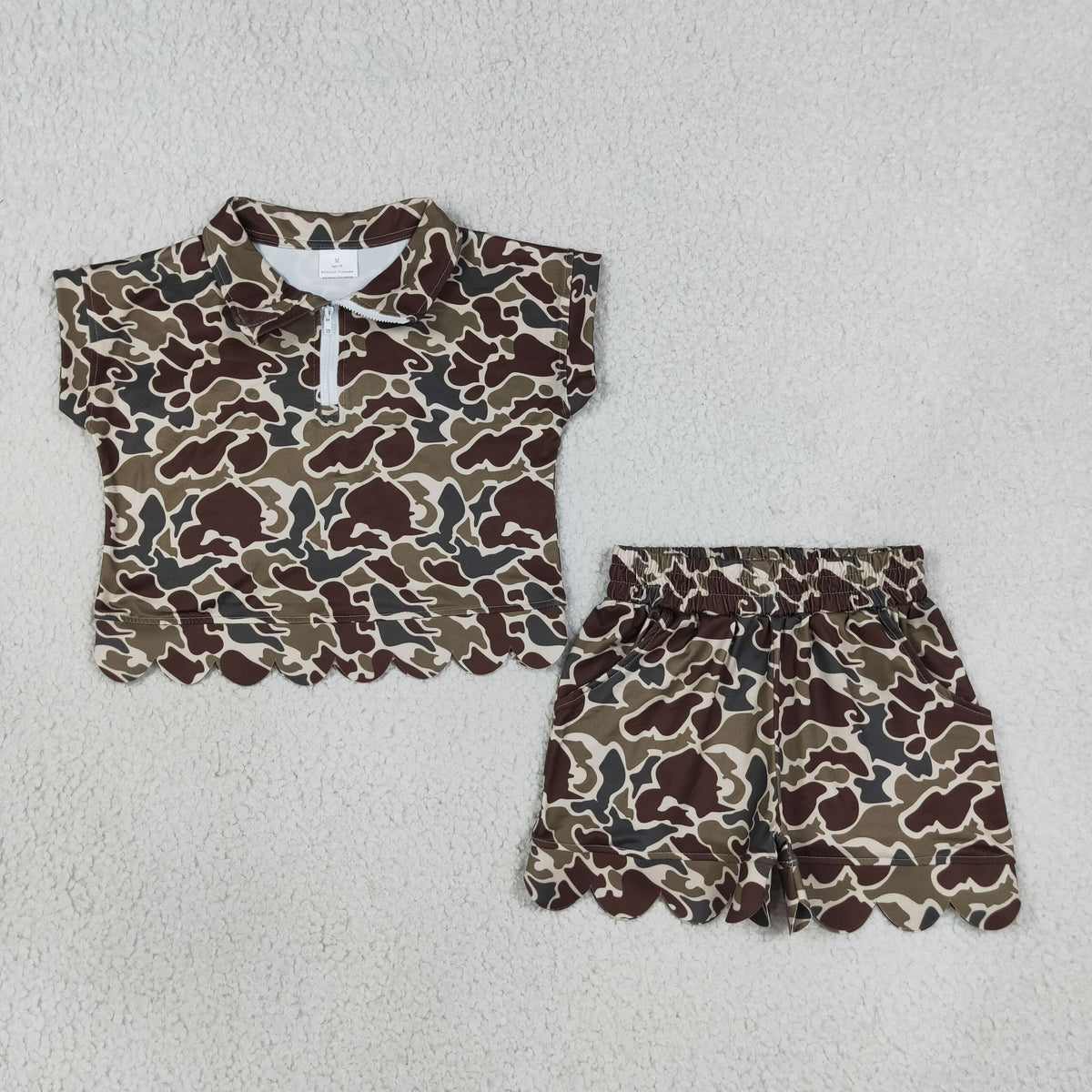 GSSO3569 Army Green Brown Camouflage Zip Wave Ruffle Short Sleeve Shorts Girls Sets 202608 RTS