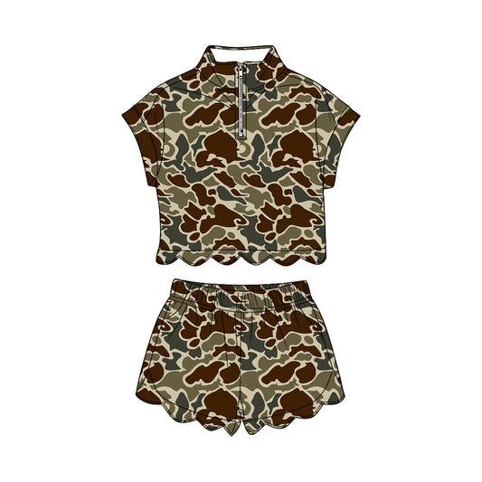 MOQ 30 PCS Preorder GSSO3569 Army Green Brown Camouflage Zip Wave Ruffle Short Sleeve Shorts Girls Sets 202603