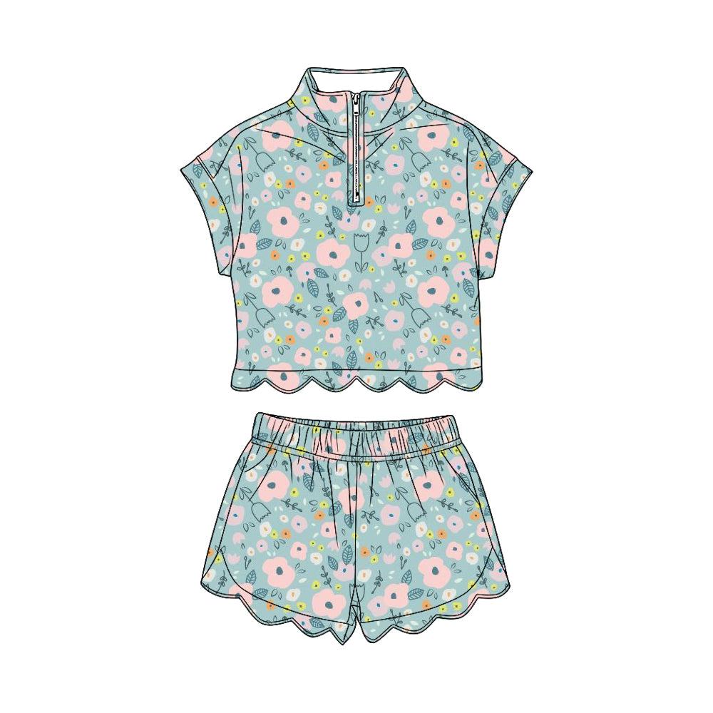 MOQ 30 PCS Preorder GSSO3573 Pink Flower Leaf Zip Wave Ruffle Short Sleeve Shorts Girls Sets 202603