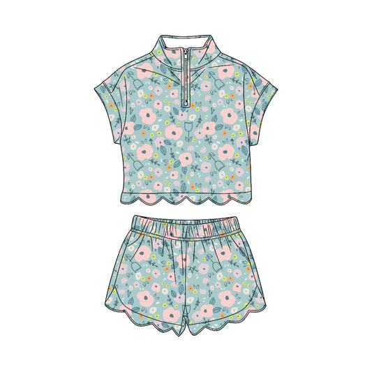 MOQ 30 PCS Preorder GSSO3573 Pink Flower Leaf Zip Wave Ruffle Short Sleeve Shorts Girls Sets 202603
