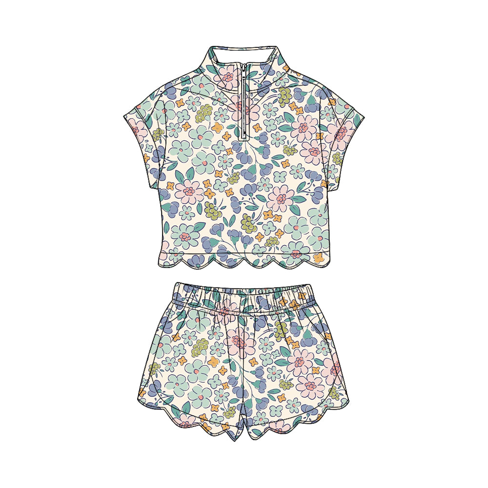 MOQ 30 PCS Preorder GSSO3574 Flower Leaf Beige Zip Wave Ruffle Short Sleeve Shorts Girls Sets 202603