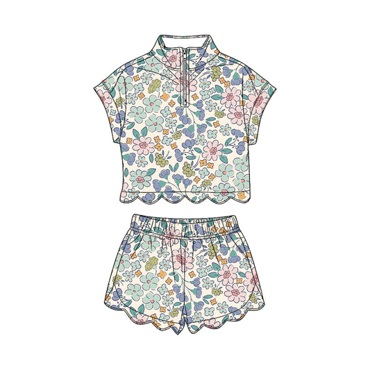 MOQ 30 PCS Preorder GSSO3574 Flower Leaf Beige Zip Wave Ruffle Short Sleeve Shorts Girls Sets 202603