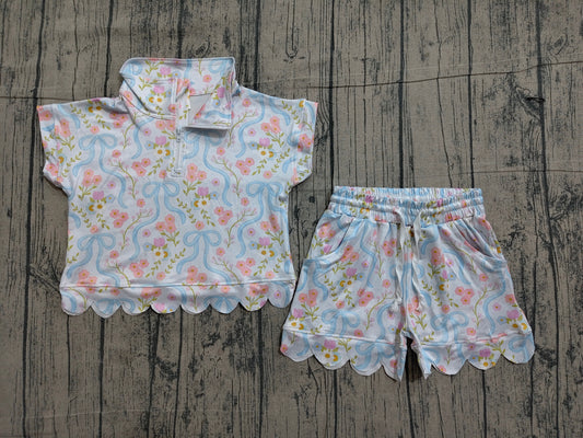 NO MOQ Preorder GSSO3575 Pink Flower Blue Bows Zip Wave Ruffle Short Sleeve Shorts Girls Sets 202603