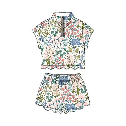 MOQ 30 PCS Preorder GSSO3576 Flower Leaf White Zip Wave Ruffle Short Sleeve Shorts Girls Sets 202603