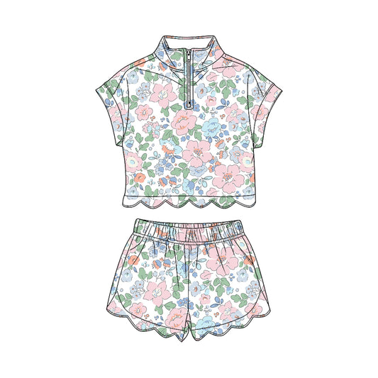MOQ 30 PCS Preorder GSSO3577 Pink Flower Leaf White Zip Wave Ruffle Short Sleeve Shorts Girls Sets 202603
