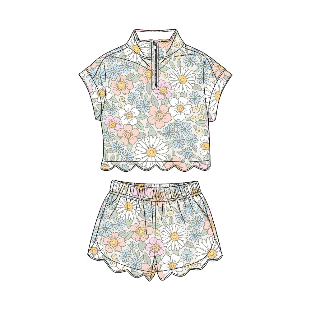 MOQ 30 PCS Preorder GSSO3578 Flower Leaf Light Green Zip Wave Ruffle Short Sleeve Shorts Girls Sets 202603