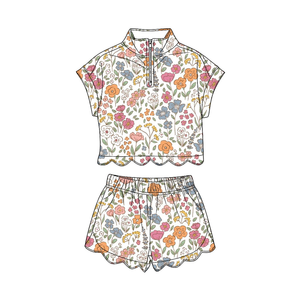 MOQ 30 PCS Preorder GSSO3579 Flower Leaf White Zip Wave Ruffle Short Sleeve Shorts Girls Sets 202603