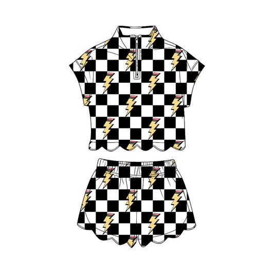 MOQ 30 PCS Preorder GSSO3580 Lightning Black White Plaid Zip Wave Ruffle Short Sleeve Shorts Girls Sets 202603