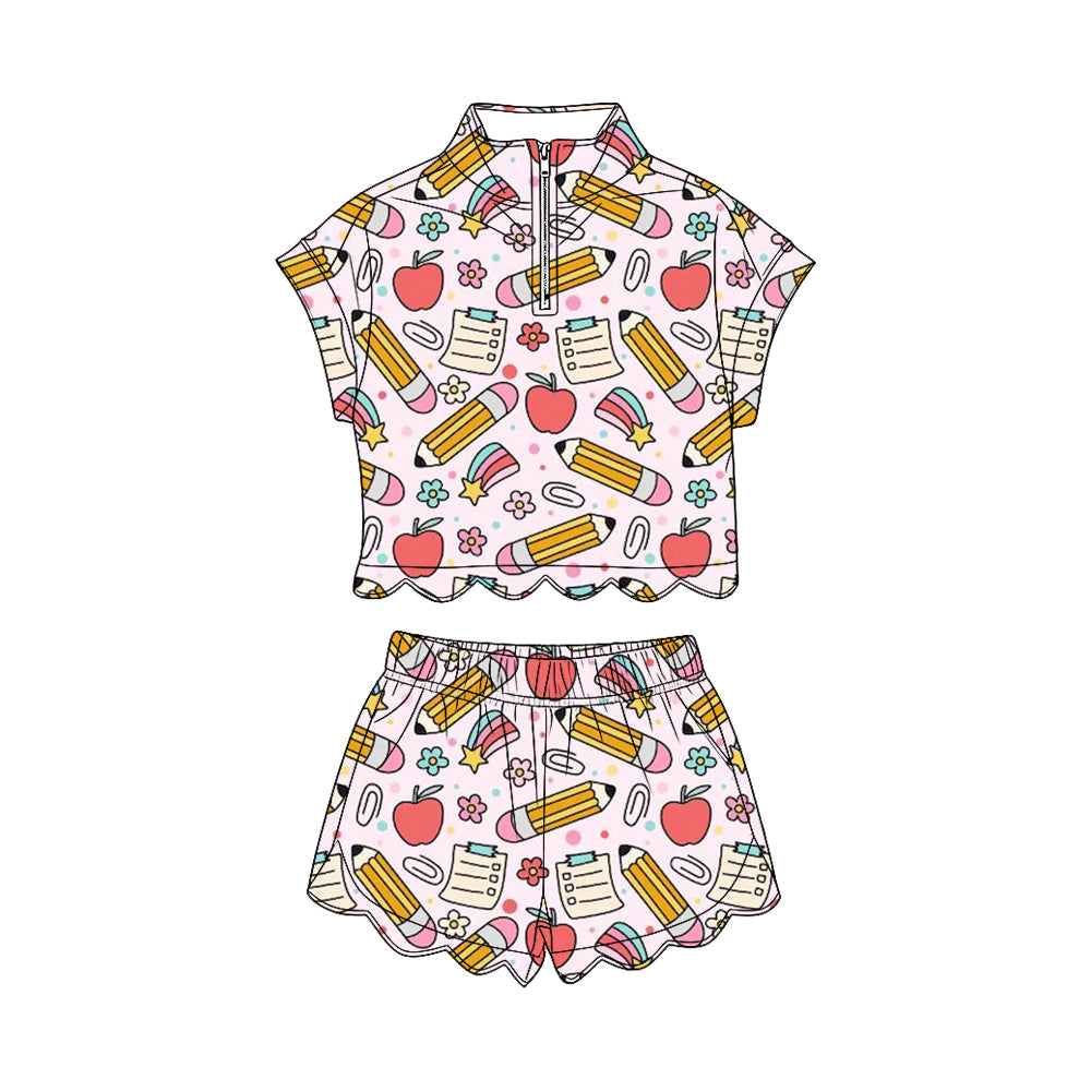 MOQ 30 PCS Preorder GSSO3581 Back to School Pencil Apple Flower Light Pink Zip Wave Ruffle Short Sleeve Shorts Girls Sets 202603