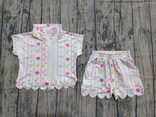NO MOQ Preorder GSSO3582 Back to School Pink Bows Pencil Apple Flower Zip Wave Ruffle Short Sleeve Shorts Girls Sets 202604