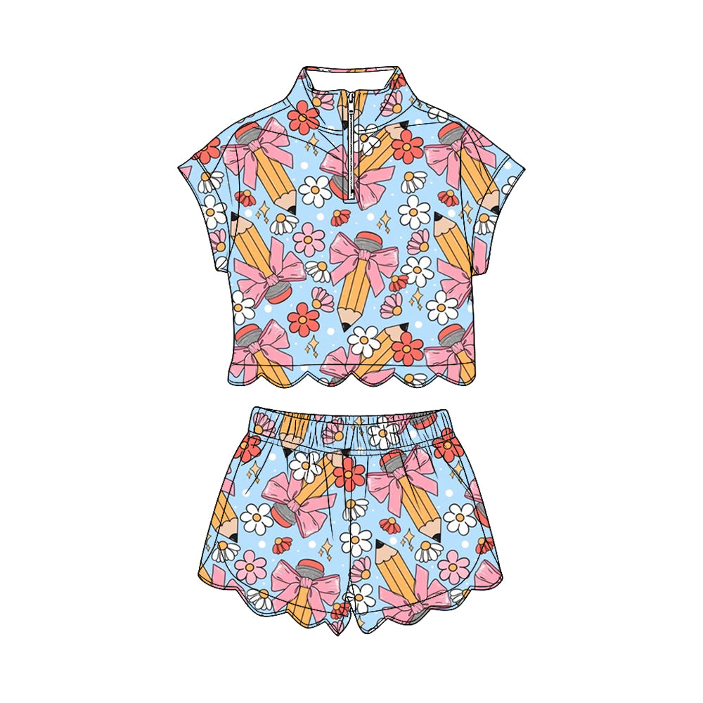 MOQ 30 PCS Preorder GSSO3585 Back to School Bows Pencil Flower Blue Zip Wave Ruffle Short Sleeve Shorts Girls Sets 202603